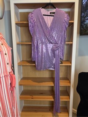 Sequin Faux Wrap Mini Dress in Lavender